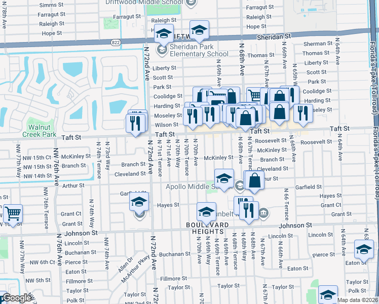 map of restaurants, bars, coffee shops, grocery stores, and more near 1611 North 70th Terrace in Hollywood