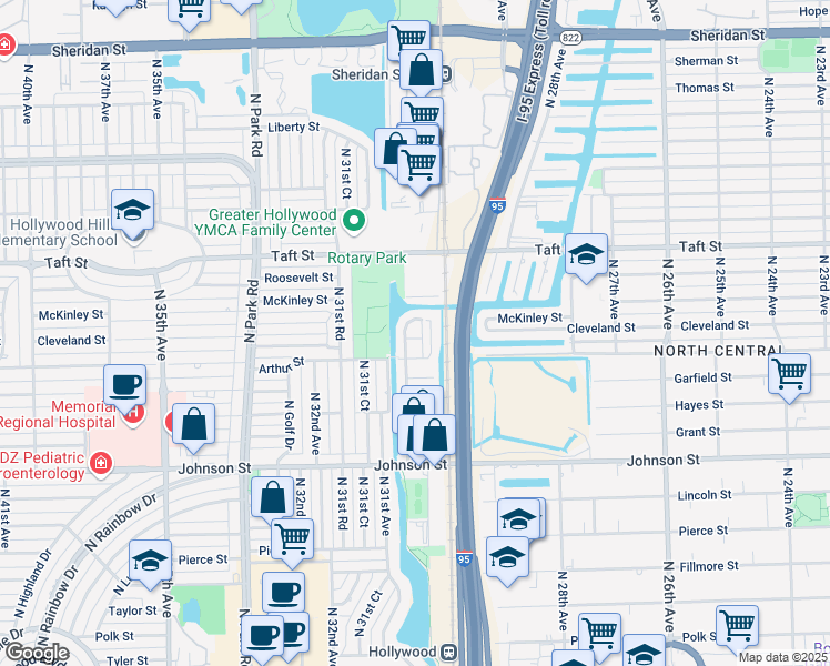 map of restaurants, bars, coffee shops, grocery stores, and more near 1338 North 30th Road in Hollywood