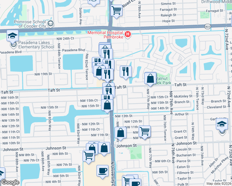 map of restaurants, bars, coffee shops, grocery stores, and more near 7971 Northwest 16th Street in Pembroke Pines