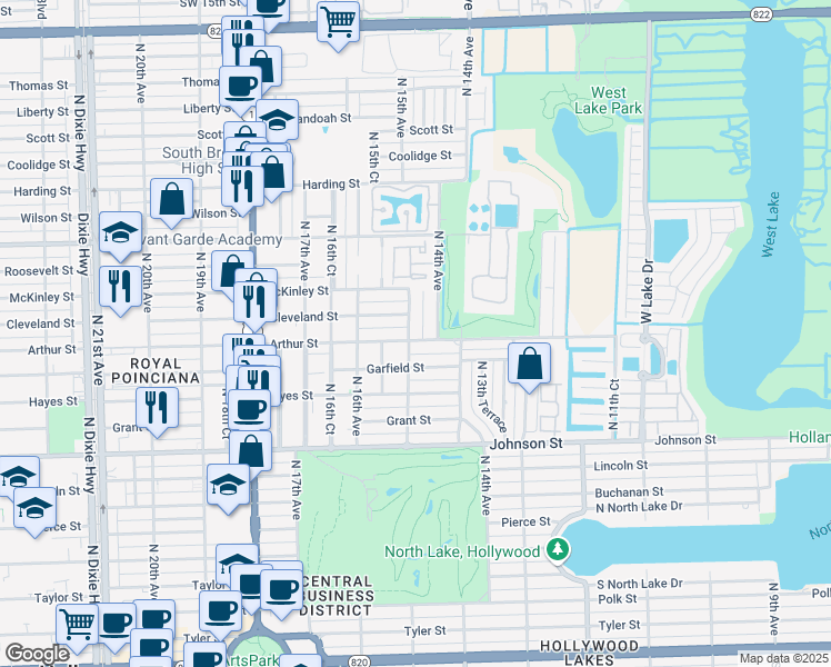 map of restaurants, bars, coffee shops, grocery stores, and more near 1506 Cleveland Street in Hollywood