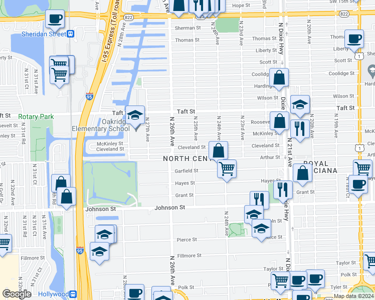 map of restaurants, bars, coffee shops, grocery stores, and more near 2525 Cleveland Street in Hollywood