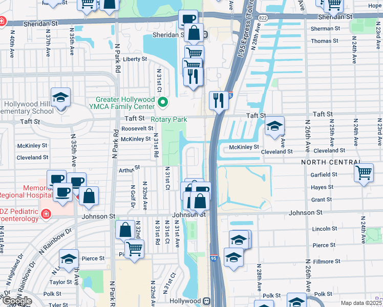 map of restaurants, bars, coffee shops, grocery stores, and more near 1338 North 30th Road in Hollywood