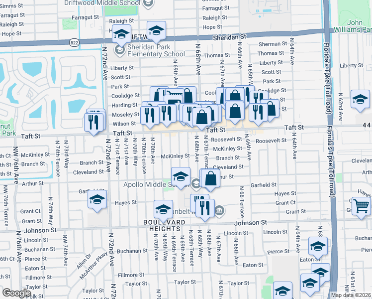 map of restaurants, bars, coffee shops, grocery stores, and more near 1601 North 69th Avenue in Hollywood