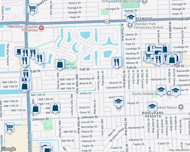 map of restaurants, bars, coffee shops, grocery stores, and more near 1601 North 74th Terrace in Hollywood