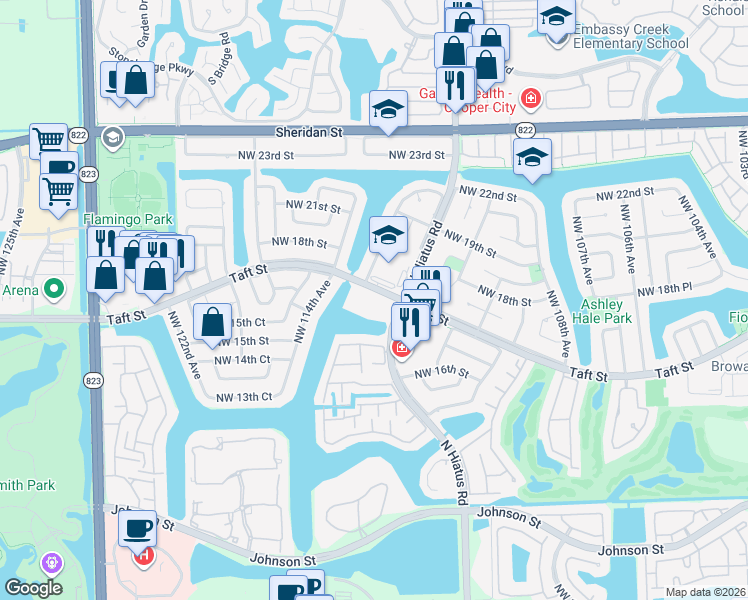 map of restaurants, bars, coffee shops, grocery stores, and more near 11358 Taft Street in Pembroke Pines