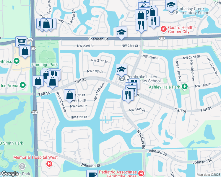 map of restaurants, bars, coffee shops, grocery stores, and more near 11358 Taft Street in Pembroke Pines