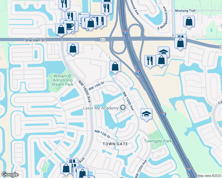 map of restaurants, bars, coffee shops, grocery stores, and more near 15825 Northwest 14th Road in Pembroke Pines