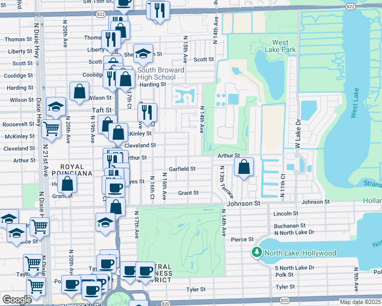 map of restaurants, bars, coffee shops, grocery stores, and more near 1506 Cleveland Street in Hollywood
