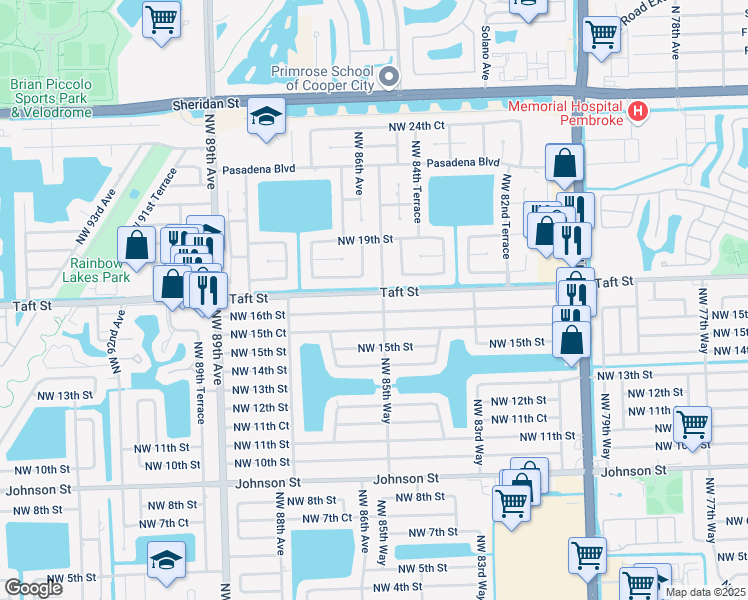 map of restaurants, bars, coffee shops, grocery stores, and more near 8550 Taft Street in Pembroke Pines