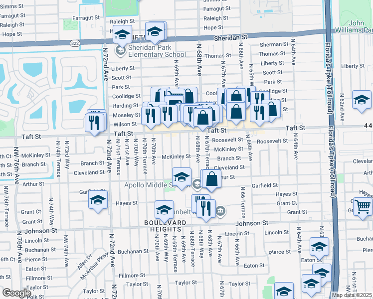 map of restaurants, bars, coffee shops, grocery stores, and more near 1520 North 68th Terrace in Hollywood