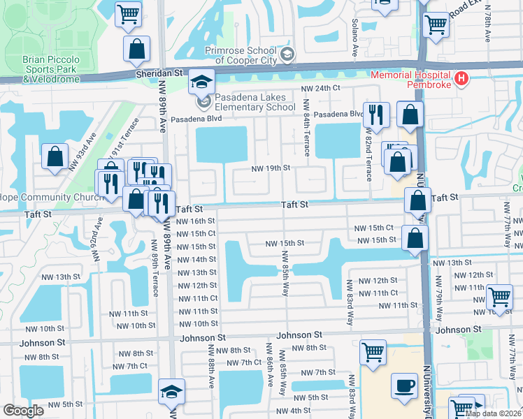 map of restaurants, bars, coffee shops, grocery stores, and more near 8630 Northwest 17th Court in Pembroke Pines