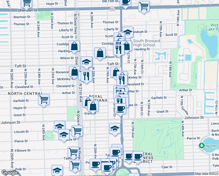 map of restaurants, bars, coffee shops, grocery stores, and more near 1843 Cleveland Street in Hollywood