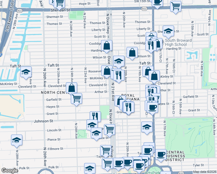 map of restaurants, bars, coffee shops, grocery stores, and more near 1402 North Dixie Highway in Hollywood