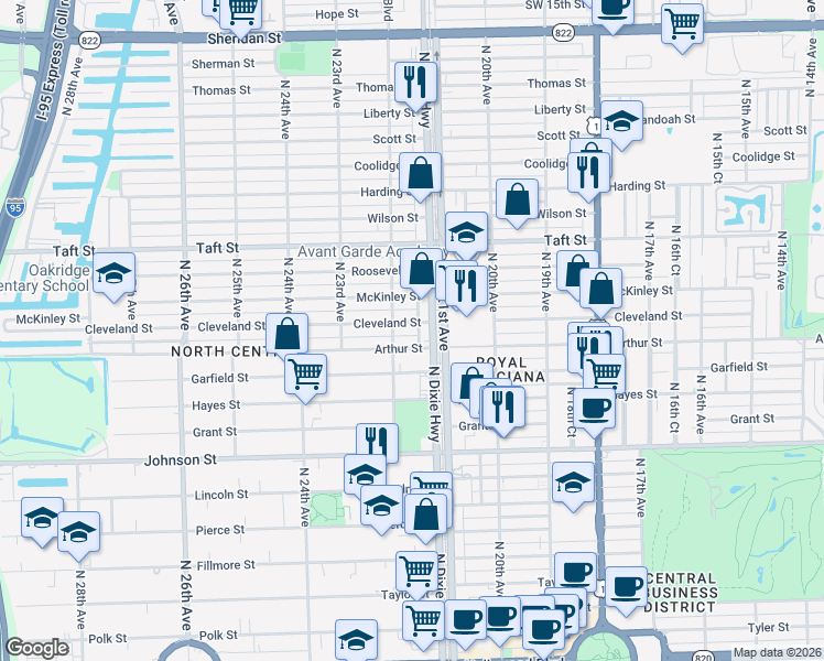 map of restaurants, bars, coffee shops, grocery stores, and more near 2131 Cleveland Street in Hollywood
