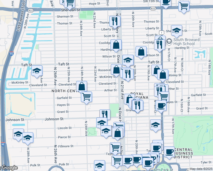 map of restaurants, bars, coffee shops, grocery stores, and more near 2131 Cleveland Street in Hollywood