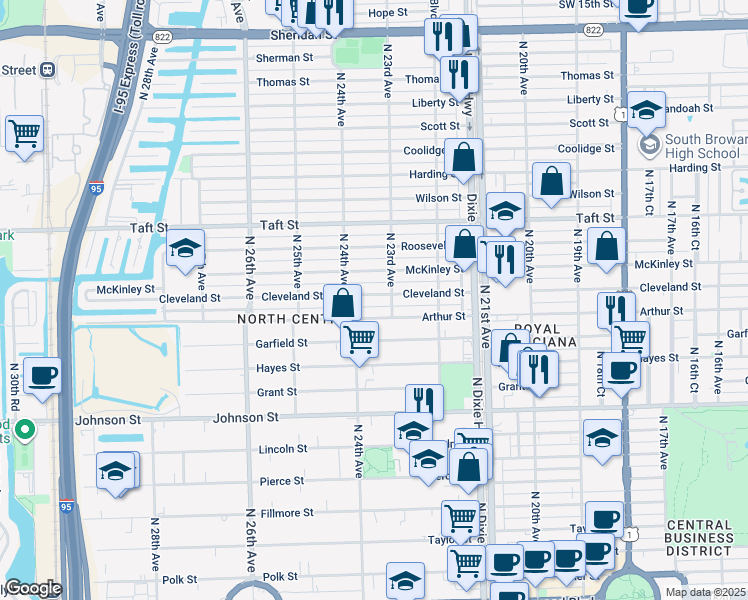 map of restaurants, bars, coffee shops, grocery stores, and more near 2319 Cleveland Street in Hollywood