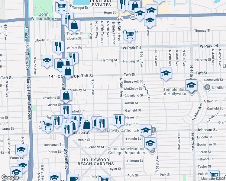 map of restaurants, bars, coffee shops, grocery stores, and more near 5611 McKinley Street in Hollywood