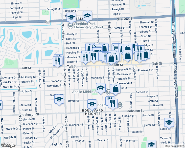 map of restaurants, bars, coffee shops, grocery stores, and more near 1601 North 69th Way in Hollywood