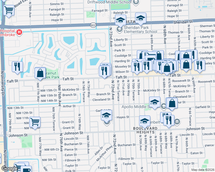 map of restaurants, bars, coffee shops, grocery stores, and more near 7215 McKinley Street in Hollywood