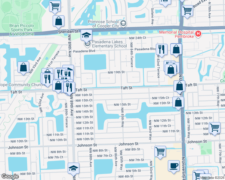 map of restaurants, bars, coffee shops, grocery stores, and more near 8630 Northwest 17th Court in Pembroke Pines