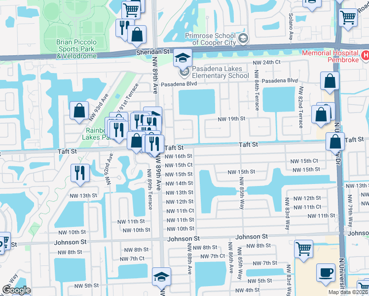 map of restaurants, bars, coffee shops, grocery stores, and more near 8740 Northwest 17th Court in Pembroke Pines