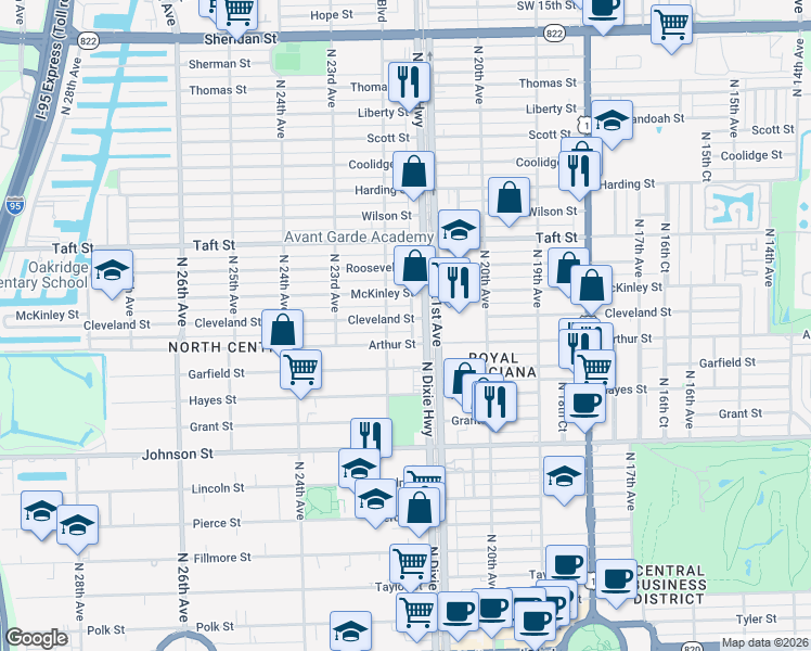 map of restaurants, bars, coffee shops, grocery stores, and more near 2131 Cleveland Street in Hollywood