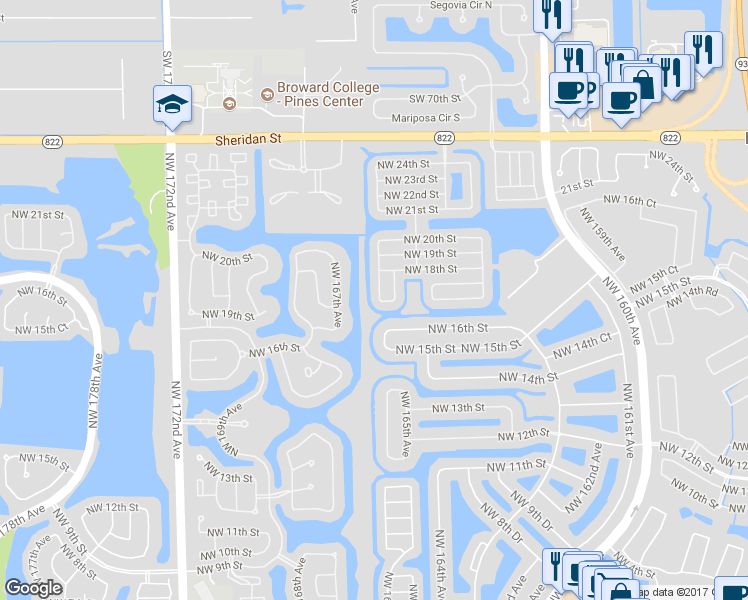 map of restaurants, bars, coffee shops, grocery stores, and more near 1716 Northwest 166th Avenue in Pembroke Pines
