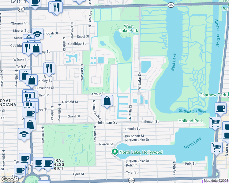 map of restaurants, bars, coffee shops, grocery stores, and more near 1351 North 12th Court in Hollywood