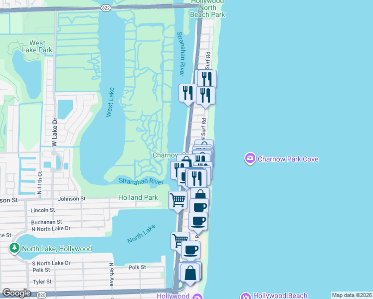 map of restaurants, bars, coffee shops, grocery stores, and more near 1830 North Ocean Drive in Hollywood