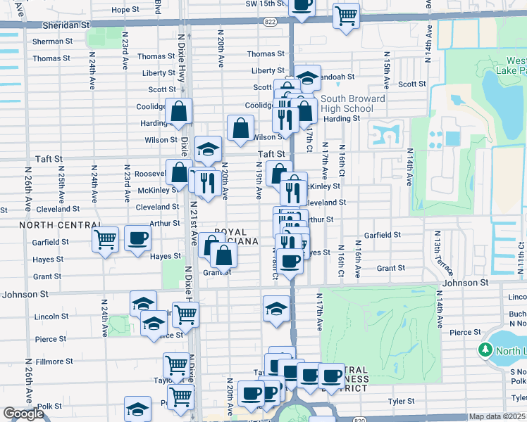 map of restaurants, bars, coffee shops, grocery stores, and more near 1843 Cleveland Street in Hollywood