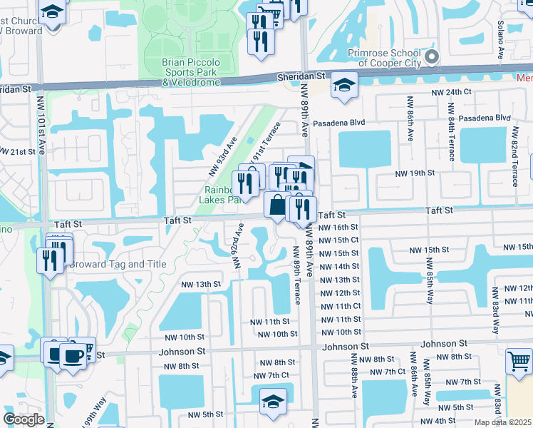 map of restaurants, bars, coffee shops, grocery stores, and more near 9063 Taft Street in Pembroke Pines