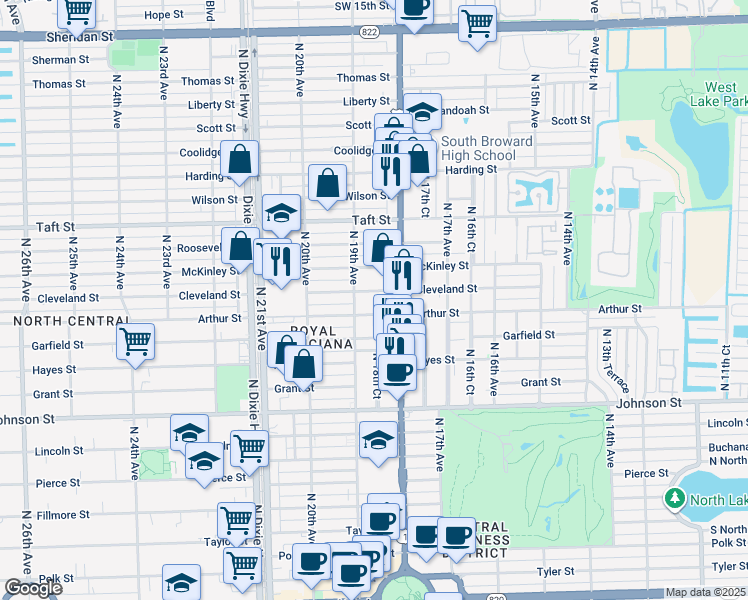 map of restaurants, bars, coffee shops, grocery stores, and more near 1826 Cleveland Street in Hollywood