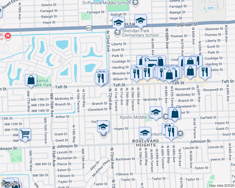 map of restaurants, bars, coffee shops, grocery stores, and more near 1611 North 72nd Avenue in Hollywood