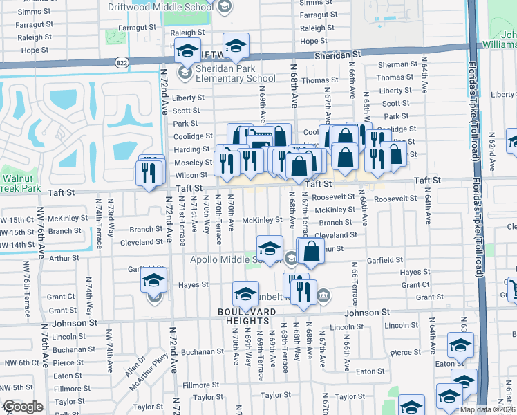 map of restaurants, bars, coffee shops, grocery stores, and more near 1601 North 69th Avenue in Hollywood