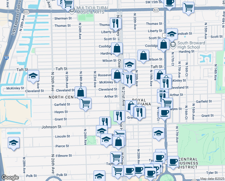 map of restaurants, bars, coffee shops, grocery stores, and more near 2128 Cleveland Street in Hollywood