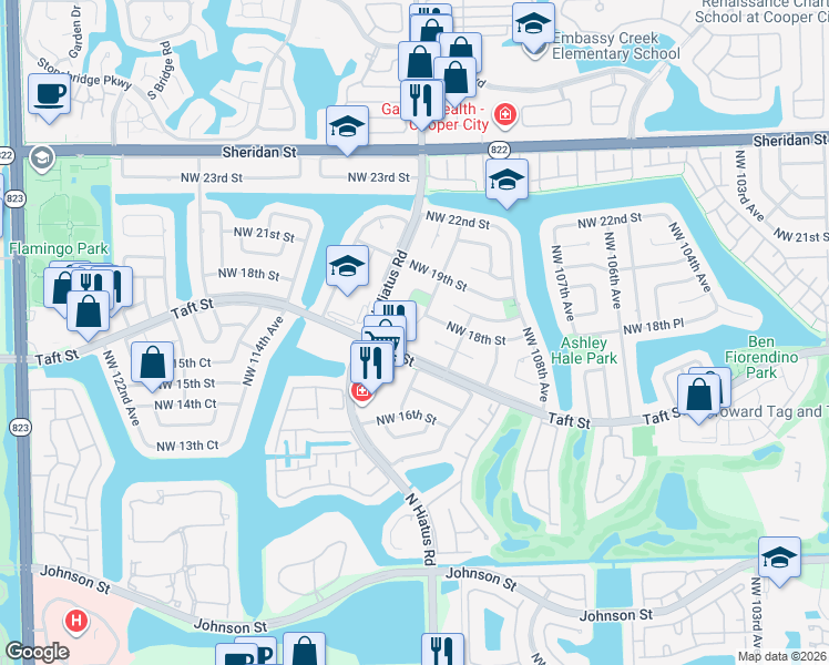 map of restaurants, bars, coffee shops, grocery stores, and more near 1721 Northwest 111th Avenue in Pembroke Pines