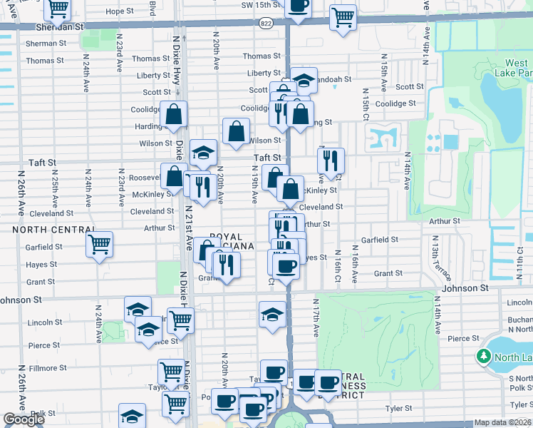 map of restaurants, bars, coffee shops, grocery stores, and more near 1830 Cleveland Street in Hollywood