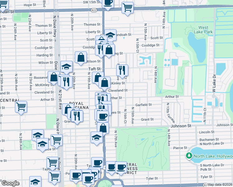 map of restaurants, bars, coffee shops, grocery stores, and more near 1723 Cleveland Street in Hollywood