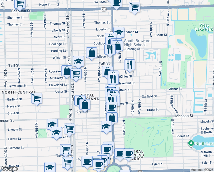 map of restaurants, bars, coffee shops, grocery stores, and more near 1804 Cleveland Street in Hollywood
