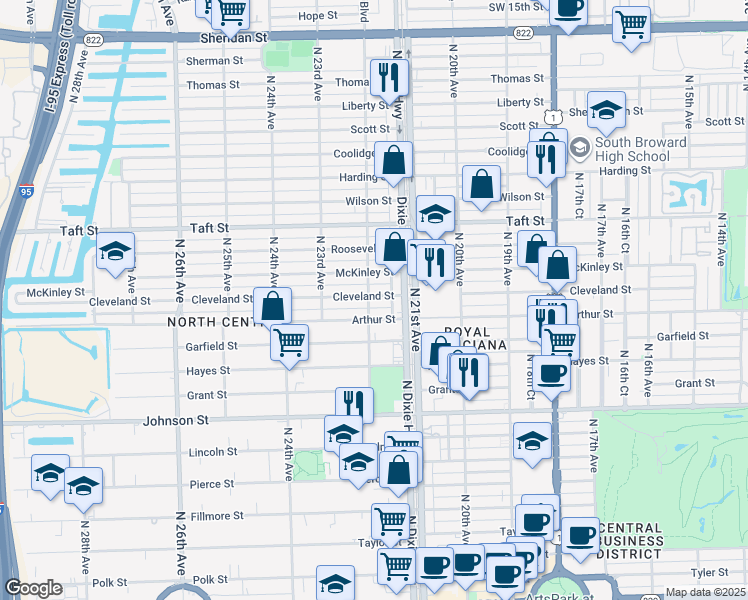 map of restaurants, bars, coffee shops, grocery stores, and more near 2131 Cleveland Street in Hollywood