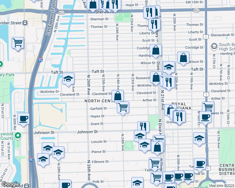 map of restaurants, bars, coffee shops, grocery stores, and more near 1410 North 24th Avenue in Hollywood