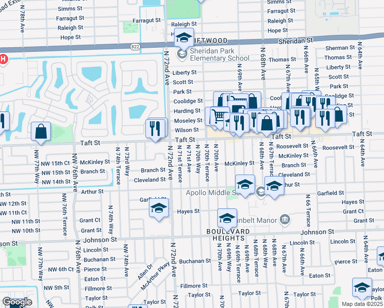 map of restaurants, bars, coffee shops, grocery stores, and more near 1611 North 71st Avenue in Hollywood