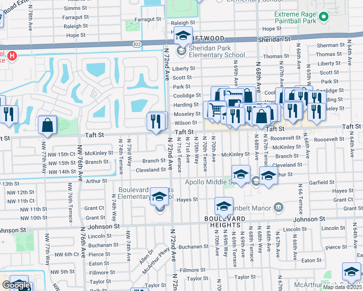 map of restaurants, bars, coffee shops, grocery stores, and more near 1611 North 72nd Avenue in Hollywood