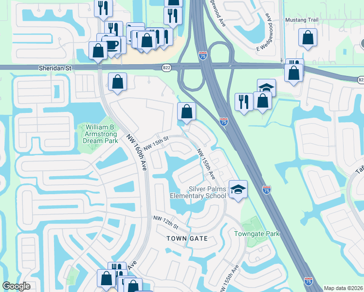 map of restaurants, bars, coffee shops, grocery stores, and more near 15825 Northwest 14th Road in Pembroke Pines