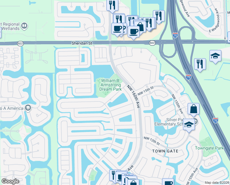 map of restaurants, bars, coffee shops, grocery stores, and more near 1700 Northwest 160th Avenue in Pembroke Pines