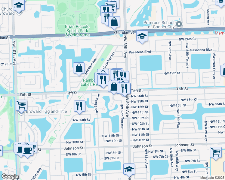 map of restaurants, bars, coffee shops, grocery stores, and more near 9063 Taft Street in Pembroke Pines