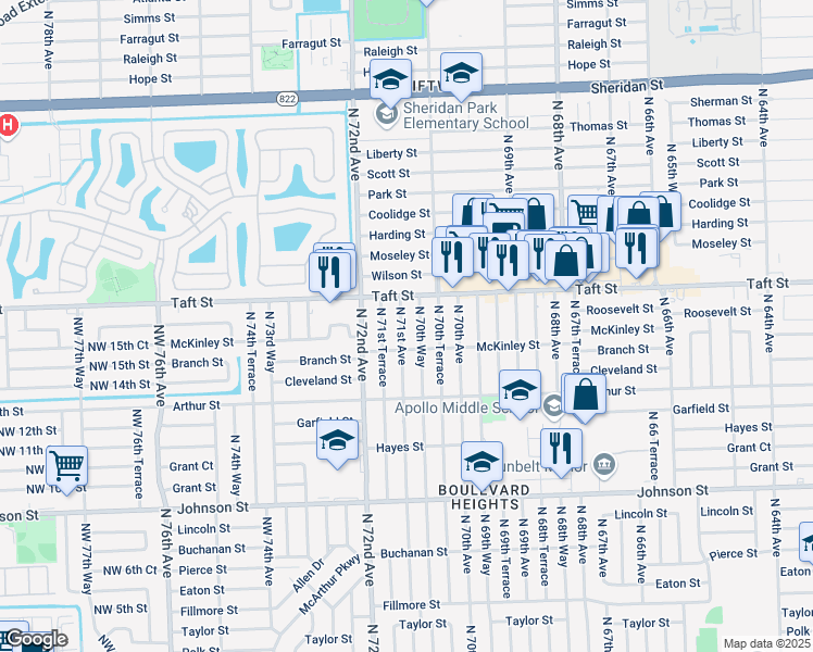 map of restaurants, bars, coffee shops, grocery stores, and more near 1611 North 71st Avenue in Hollywood