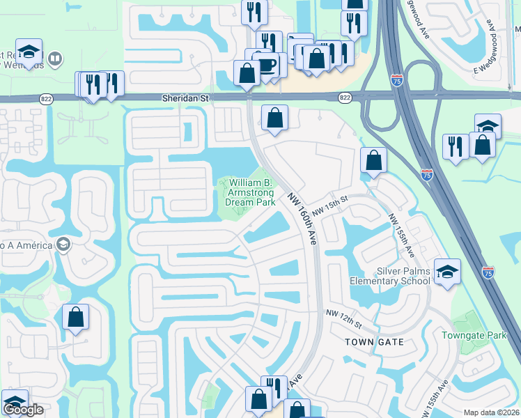 map of restaurants, bars, coffee shops, grocery stores, and more near 1700 Northwest 160th Avenue in Pembroke Pines