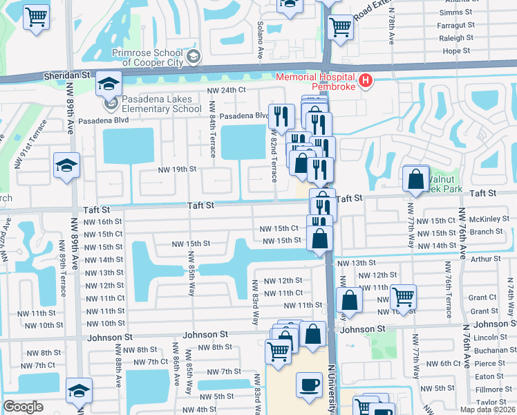 map of restaurants, bars, coffee shops, grocery stores, and more near 8320 Taft Street in Pembroke Pines
