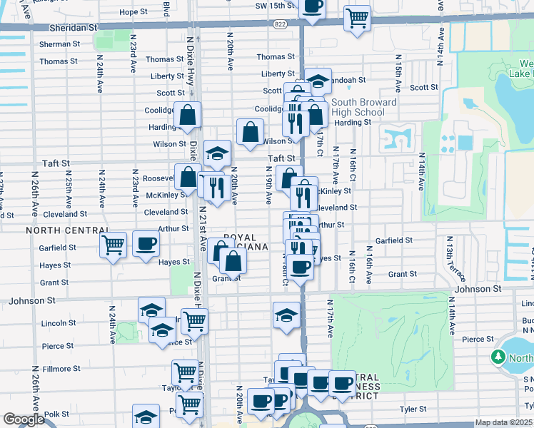map of restaurants, bars, coffee shops, grocery stores, and more near 1316 North 19th Avenue in Hollywood